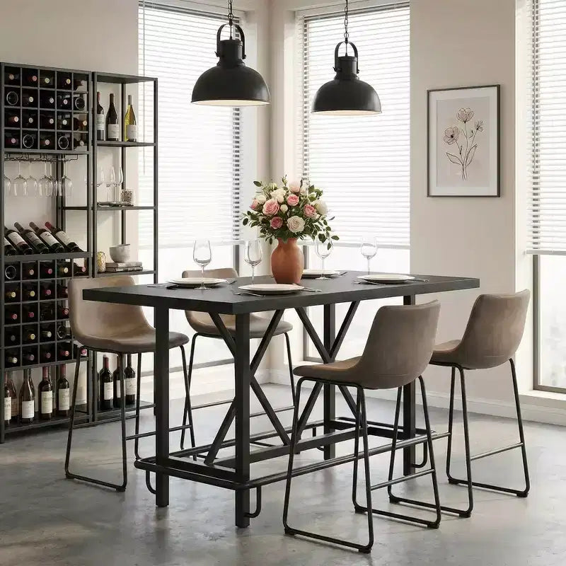 MAYEERTY 63 Tavolo da pranzo industriale altezza bancone, piano in legno rustico a 6 posti e gambe in metallo con poggiapiedi, tavolo da cucina e da lavoro multiuso