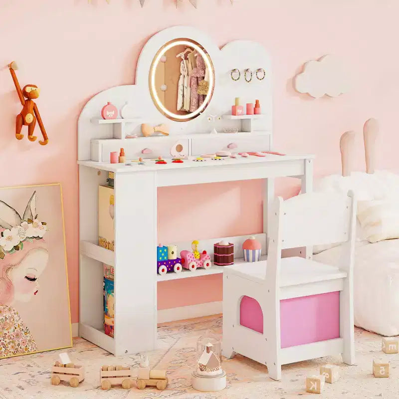 Costway Toeletta per Bambini con Luci, 2 Cassetti e Libreria a 2 Ripiani, 3 Ganci e 2 Ripiani Aperti Bianco/Rosa