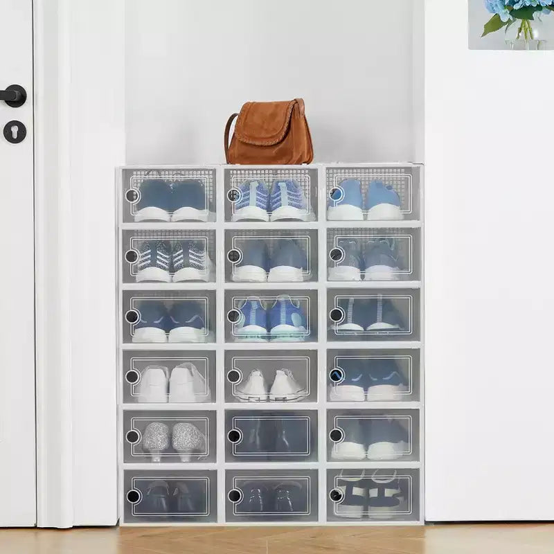 Confezione da 18 scatole porta scarpe impilabili grandi, contenitori organizer in plastica trasparente con sportello a cerniera, adatti per sneakers e scarpe, 36,1 x 25,9 x 20,1 cm