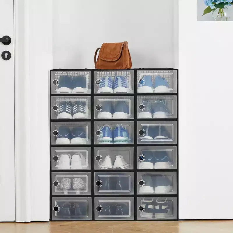 Confezione da 18 scatole porta scarpe impilabili grandi, contenitori organizer in plastica trasparente con sportello a cerniera, adatti per sneakers e scarpe, 36,1 x 25,9 x 20,1 cm