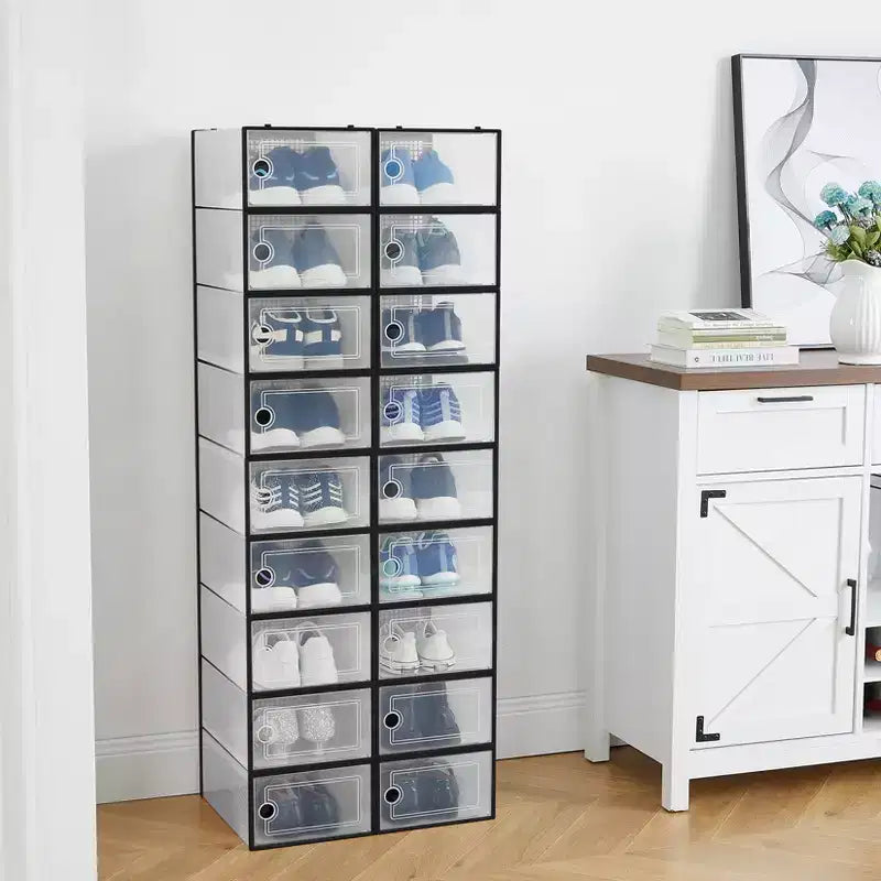 Confezione da 18 scatole porta scarpe impilabili grandi, contenitori organizer in plastica trasparente con sportello a cerniera, adatti per sneakers e scarpe, 36,1 x 25,9 x 20,1 cm