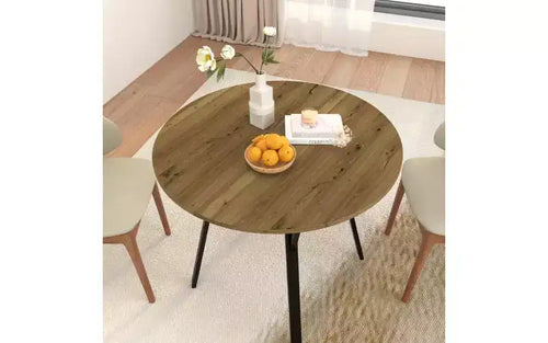 35.43 Inch Round Dining Table, Small Circle Kitchen Table with Metal Black Legs for 2-4 people,Modern Dining Room Table, Brown (only table)