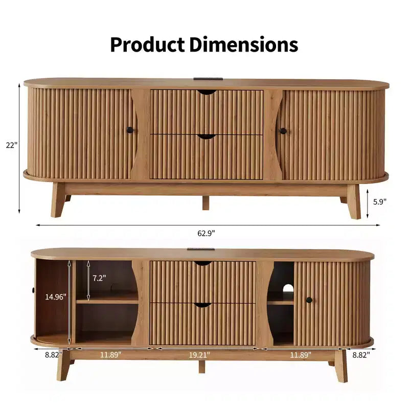 Mobile porta TV Mid-Century Modern con 2 cassetti e ripiani regolabili, consolle TV in legno con presa di corrente per centro di intrattenimento del soggiorno