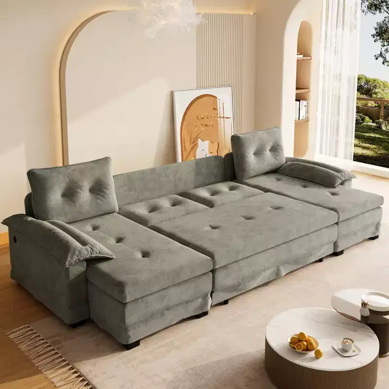 GDFStudio Yuna Divano Letto Moderno a U da 110 cm in Ferro e Legno con Rivestimento in Ciniglia, Letto Estraibile e Porte USB
