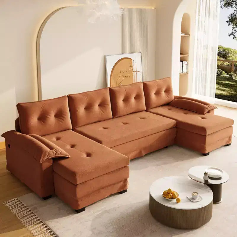 GDFStudio Yuna Divano Letto Moderno a U da 110 cm in Ferro e Legno con Rivestimento in Ciniglia, Letto Estraibile e Porte USB