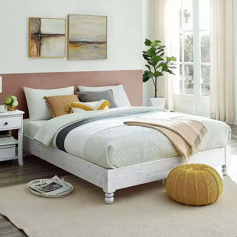MUSEHOMEINC Struttura Letto a Piattaforma Rustico in Legno Massello di Pino, Altezza 30 cm, Facile da Montare, con 12 Supporti a Doghe in Legno, Pinewood, Finitura Sbiancata