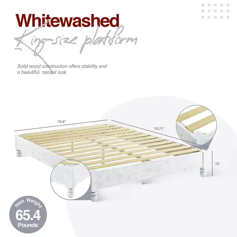 MUSEHOMEINC Struttura Letto a Piattaforma Rustico in Legno Massello di Pino, Altezza 30 cm, Facile da Montare, con 12 Supporti a Doghe in Legno, Pinewood, Finitura Sbiancata