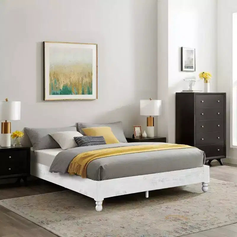 MUSEHOMEINC Struttura Letto a Piattaforma Rustico in Legno Massello di Pino, Altezza 30 cm, Facile da Montare, con 12 Supporti a Doghe in Legno, Pinewood, Finitura Sbiancata