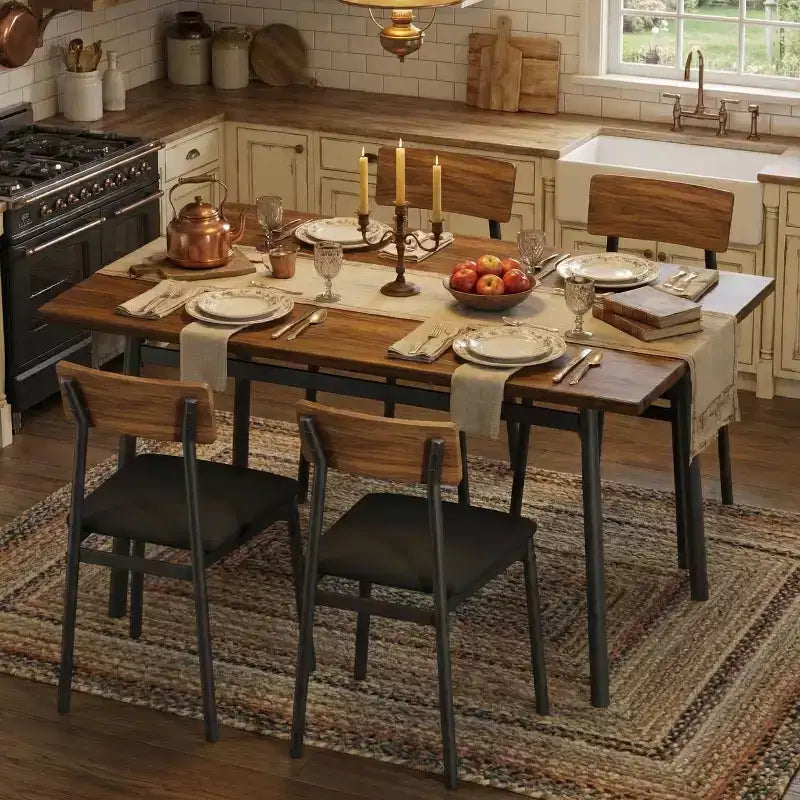 Set da pranzo di 5 pezzi in legno per 4 persone, tavolo con bordi lisci e 4 sedie imbottite, set da pranzo compatto per cucina per appartamenti e piccoli spazi