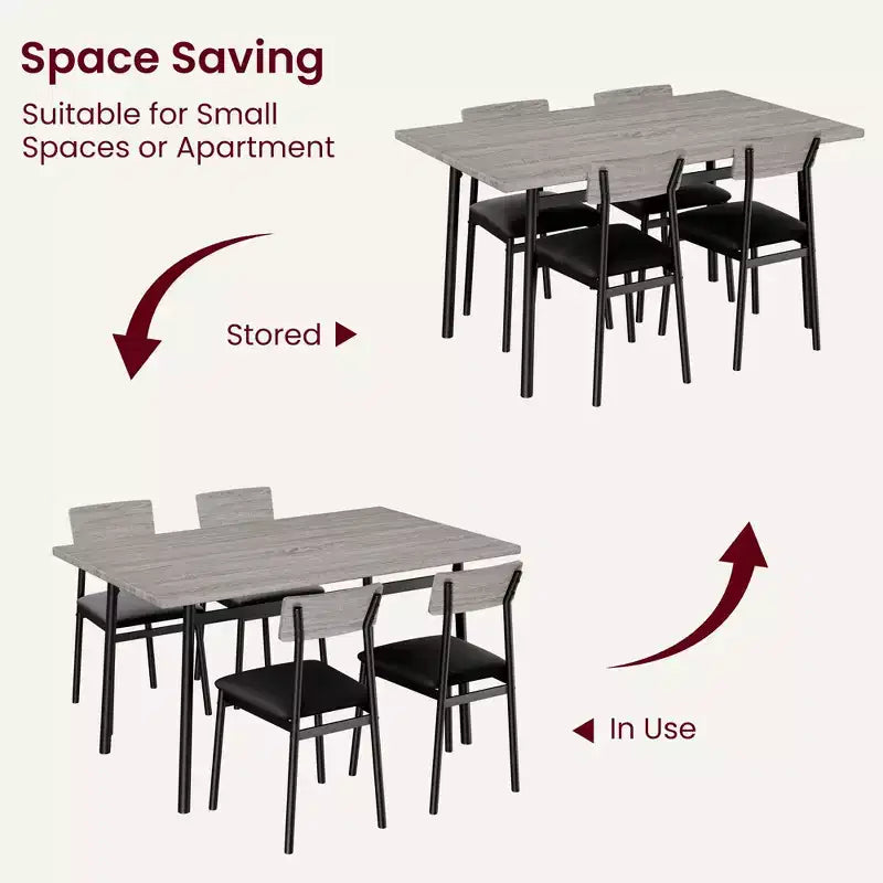 Set da pranzo di 5 pezzi in legno per 4 persone, tavolo con bordi lisci e 4 sedie imbottite, set da pranzo compatto per cucina per appartamenti e piccoli spazi