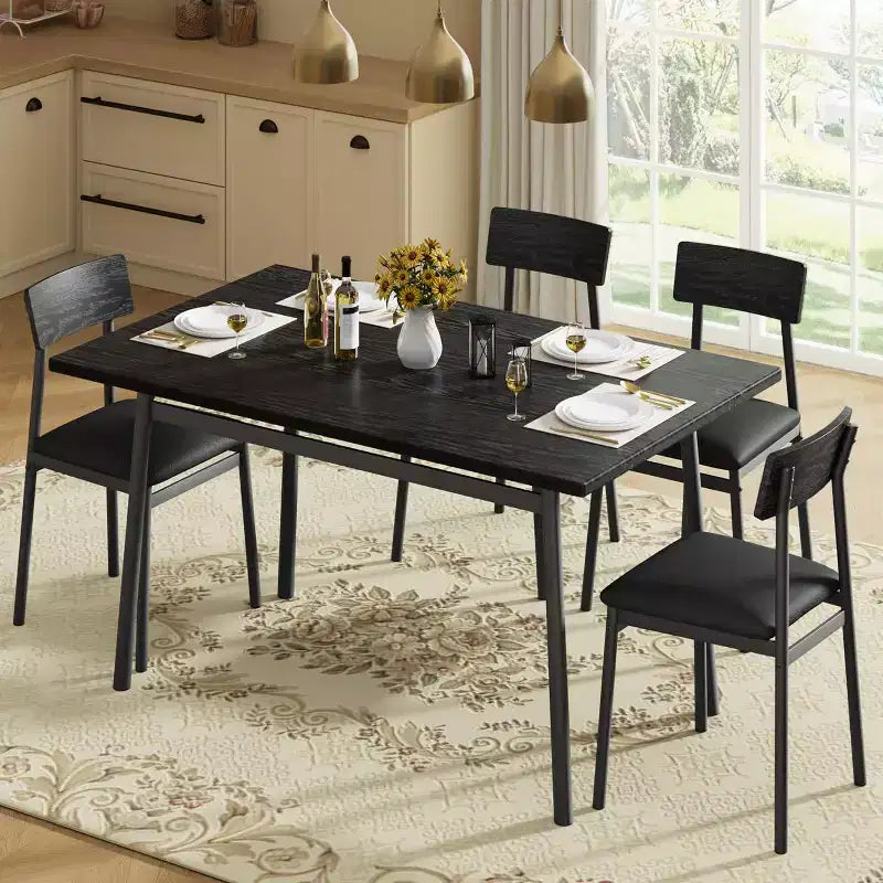 Set da pranzo di 5 pezzi in legno per 4 persone, tavolo con bordi lisci e 4 sedie imbottite, set da pranzo compatto per cucina per appartamenti e piccoli spazi