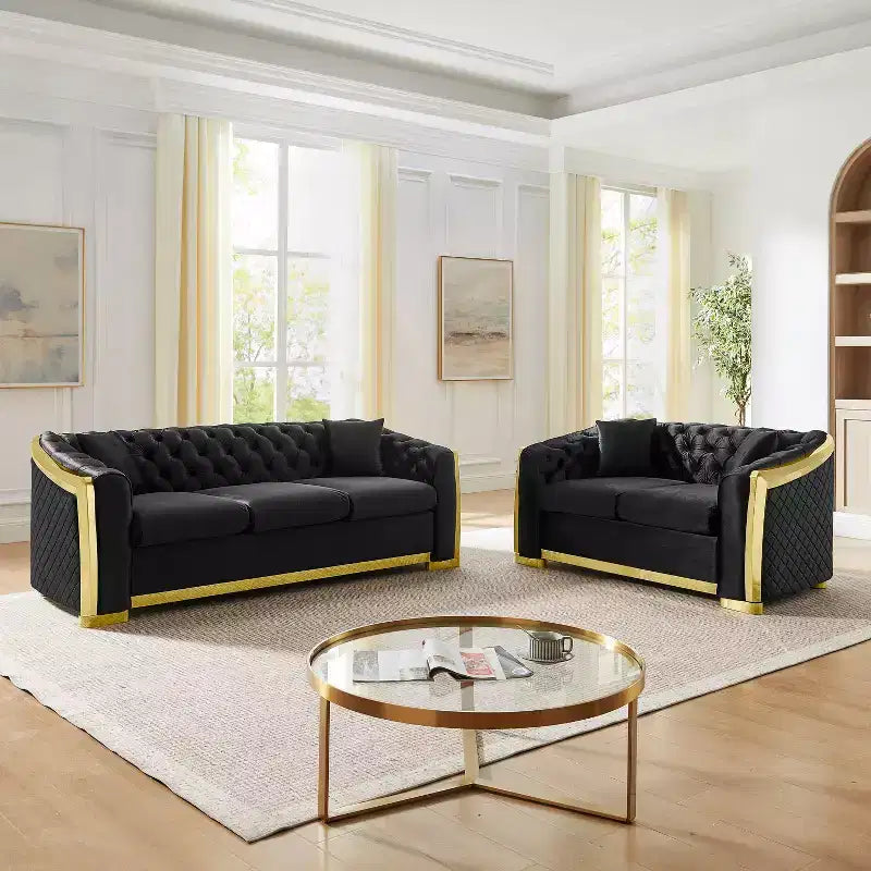 GDFStudio Tom Set Divano Chesterfield Moderno di Metà Secolo in Velluto a 2 Pezzi e 5 Posti con 4 Cuscini