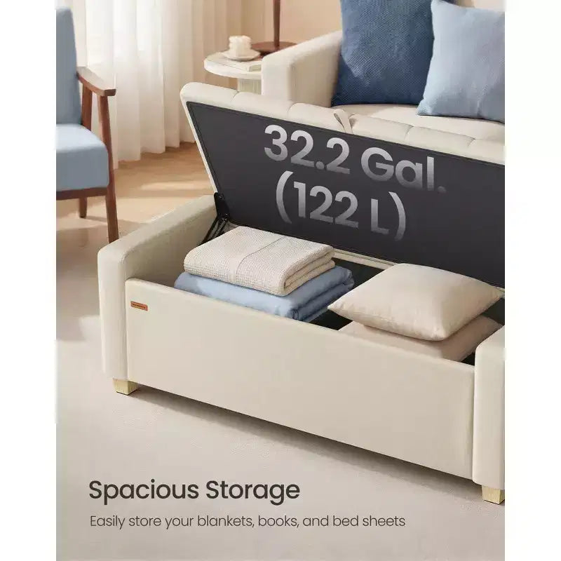 SONGMICS Pouf Contenitore, Panca Contenitore con Gambe, Panca da Fondo Letto con Cerniere di Sicurezza, Linguetta, Tessuto Effetto Lino