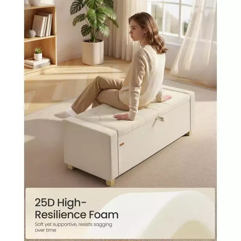 SONGMICS Pouf Contenitore, Panca Contenitore con Gambe, Panca da Fondo Letto con Cerniere di Sicurezza, Linguetta, Tessuto Effetto Lino