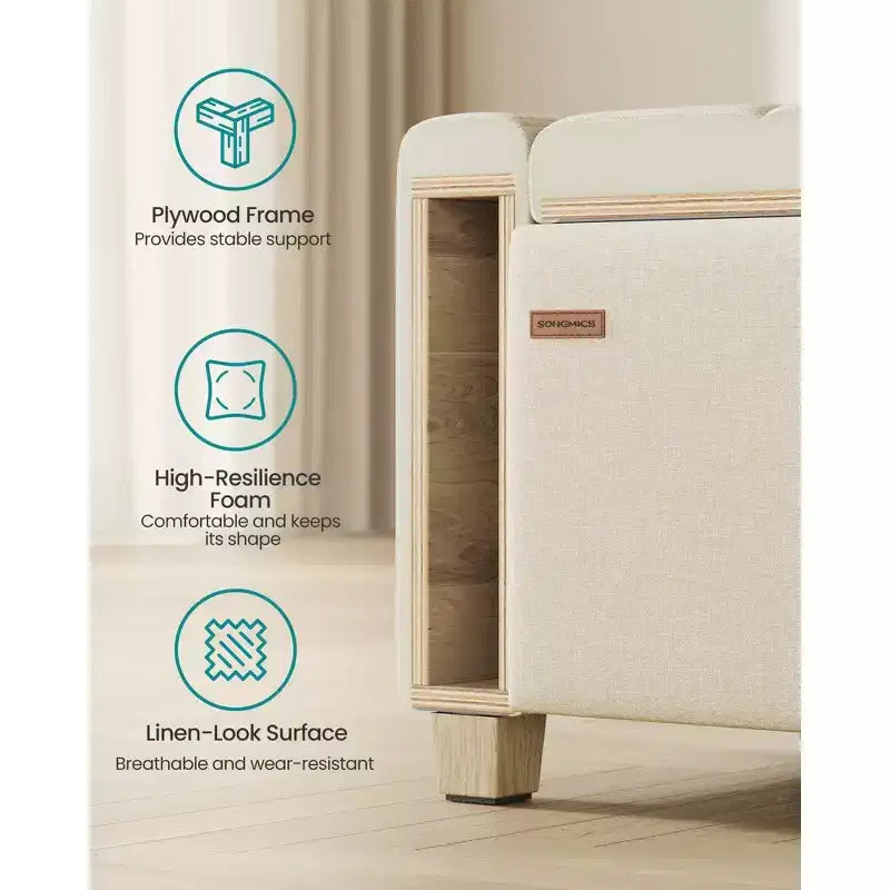 SONGMICS Pouf Contenitore, Panca Contenitore con Gambe, Panca da Fondo Letto con Cerniere di Sicurezza, Linguetta, Tessuto Effetto Lino