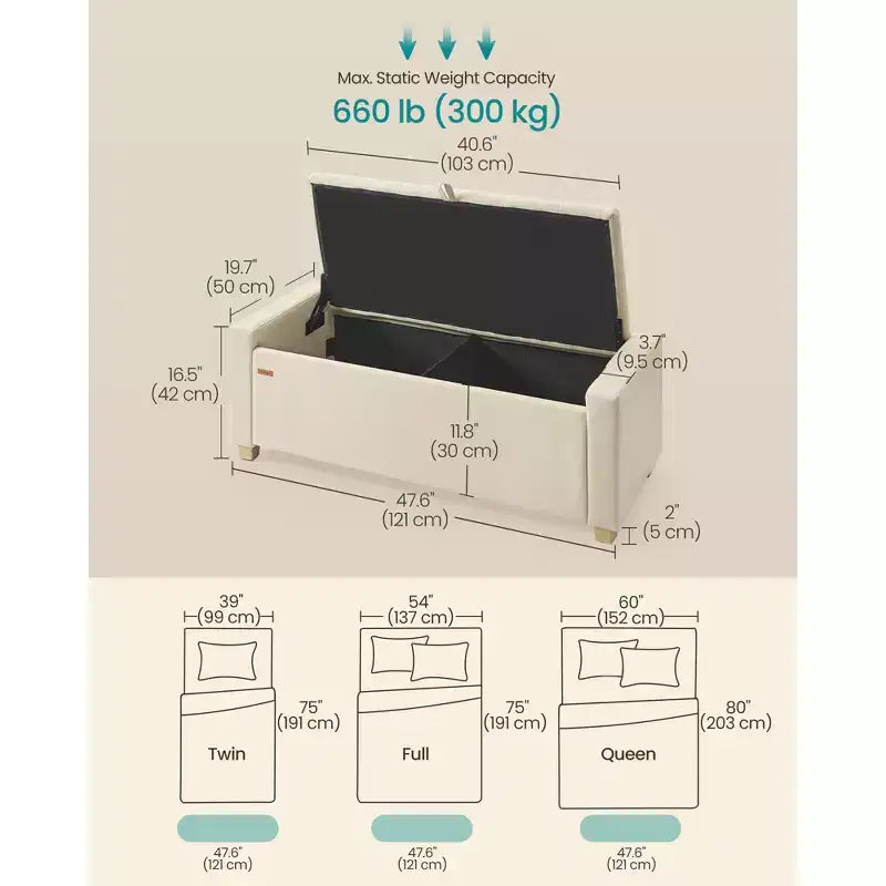 SONGMICS Pouf Contenitore, Panca Contenitore con Gambe, Panca da Fondo Letto con Cerniere di Sicurezza, Linguetta, Tessuto Effetto Lino