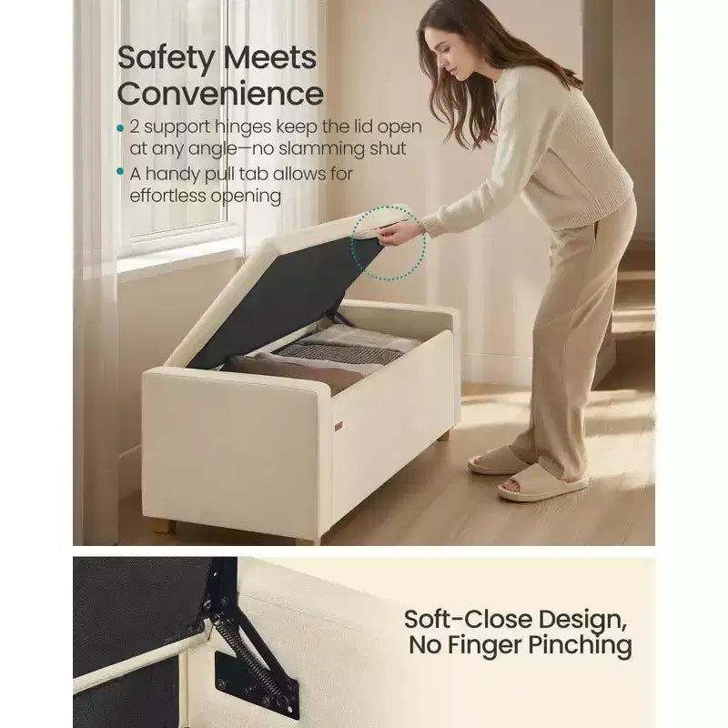 SONGMICS Pouf Contenitore, Panca Contenitore con Gambe, Panca da Fondo Letto con Cerniere di Sicurezza, Linguetta, Tessuto Effetto Lino
