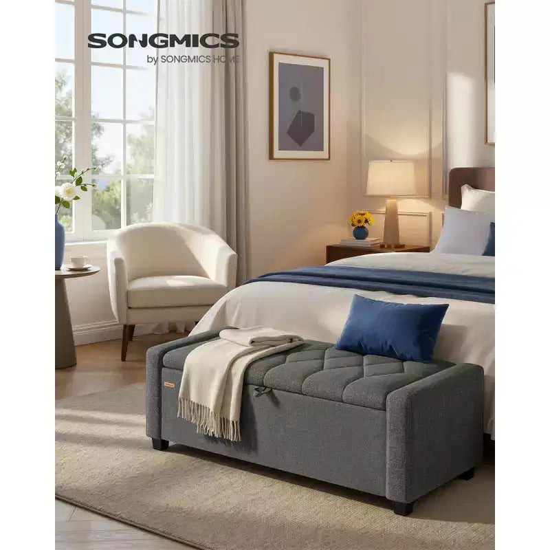 SONGMICS Pouf Contenitore, Panca Contenitore con Gambe, Panca da Fondo Letto con Cerniere di Sicurezza, Linguetta, Tessuto Effetto Lino