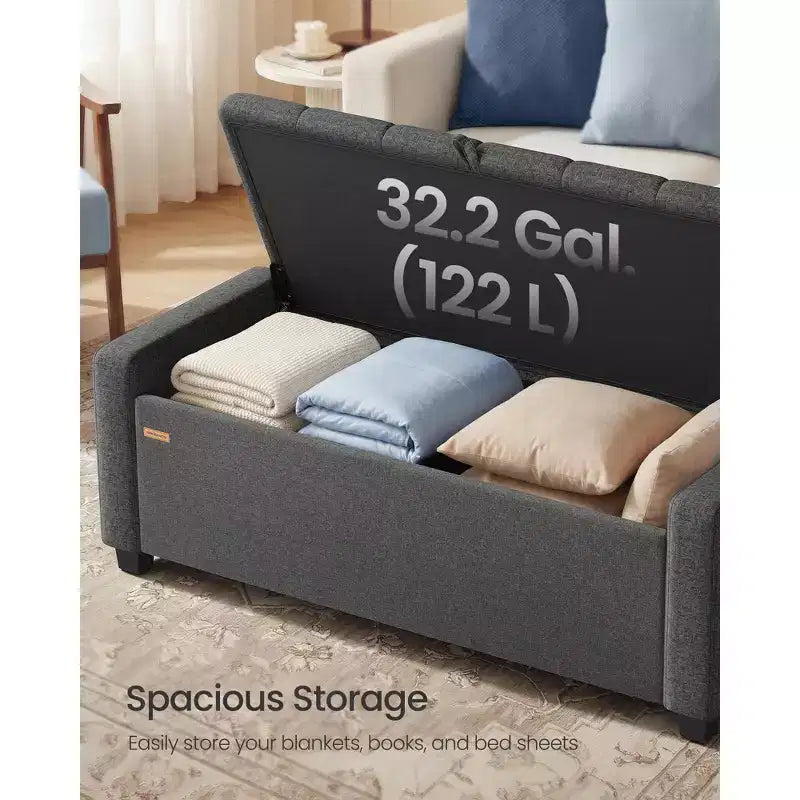 SONGMICS Pouf Contenitore, Panca Contenitore con Gambe, Panca da Fondo Letto con Cerniere di Sicurezza, Linguetta, Tessuto Effetto Lino