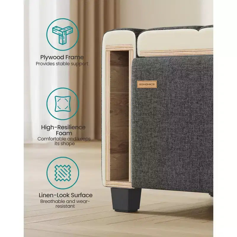 SONGMICS Pouf Contenitore, Panca Contenitore con Gambe, Panca da Fondo Letto con Cerniere di Sicurezza, Linguetta, Tessuto Effetto Lino