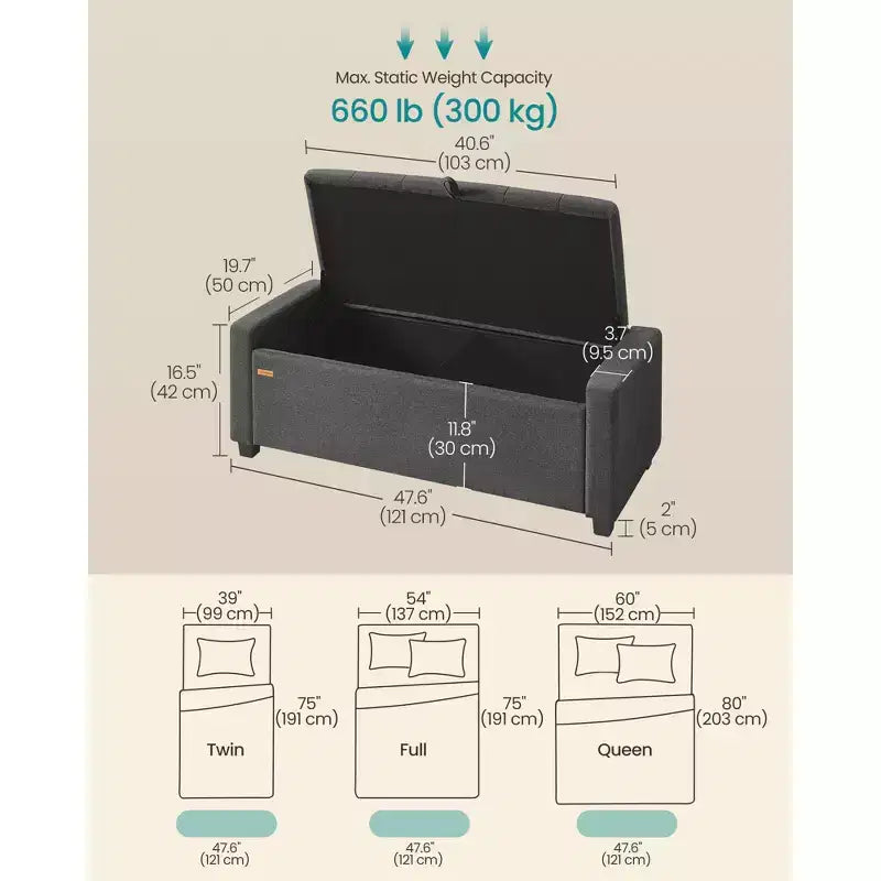 SONGMICS Pouf Contenitore, Panca Contenitore con Gambe, Panca da Fondo Letto con Cerniere di Sicurezza, Linguetta, Tessuto Effetto Lino