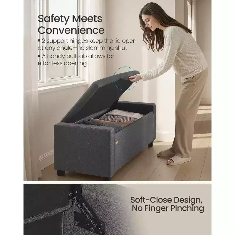 SONGMICS Pouf Contenitore, Panca Contenitore con Gambe, Panca da Fondo Letto con Cerniere di Sicurezza, Linguetta, Tessuto Effetto Lino