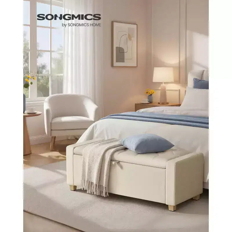SONGMICS Pouf Contenitore, Panca Contenitore con Gambe, Panca da Fondo Letto con Cerniere di Sicurezza, Linguetta, Tessuto Effetto Lino