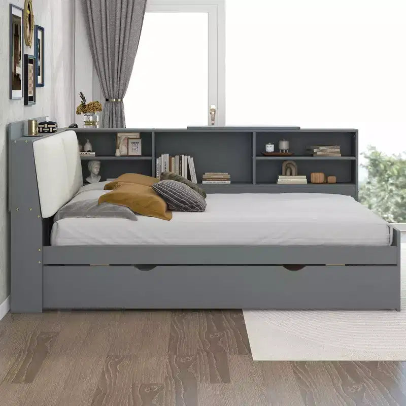 FAMYYT Letto a piattaforma matrimoniale completo con testiera contenitore, ripiani e letto estraibile, facile da montare