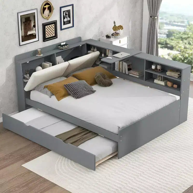 FAMYYT Letto a piattaforma matrimoniale completo con testiera contenitore, ripiani e letto estraibile, facile da montare