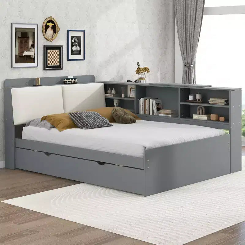 FAMYYT Letto a piattaforma matrimoniale completo con testiera contenitore, ripiani e letto estraibile, facile da montare