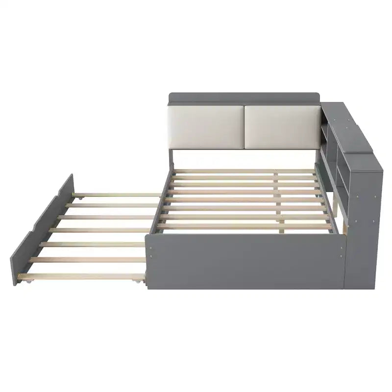 FAMYYT Letto a piattaforma matrimoniale completo con testiera contenitore, ripiani e letto estraibile, facile da montare