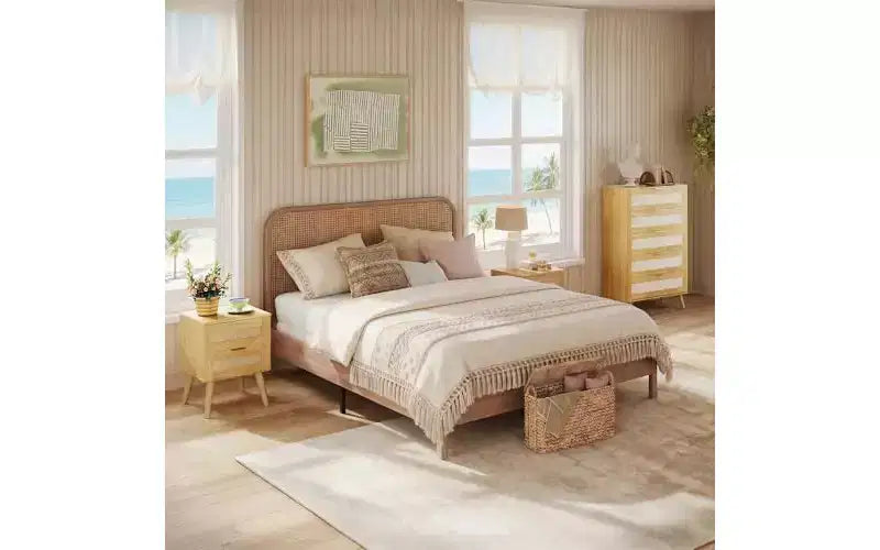 DEXYLLO Set di 2 comodini in legno, comodino in rattan con 2 cassetti, comodino bohémien con gambe solide, rovere naturale