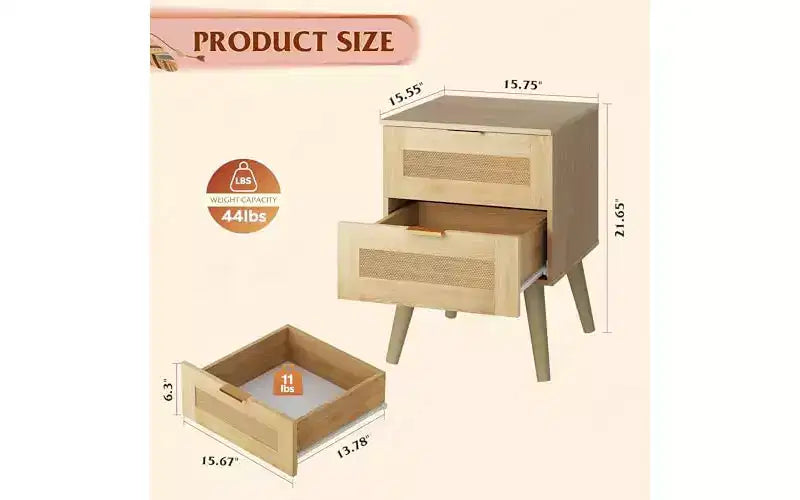 DEXYLLO Set di 2 comodini in legno, comodino in rattan con 2 cassetti, comodino bohémien con gambe solide, rovere naturale