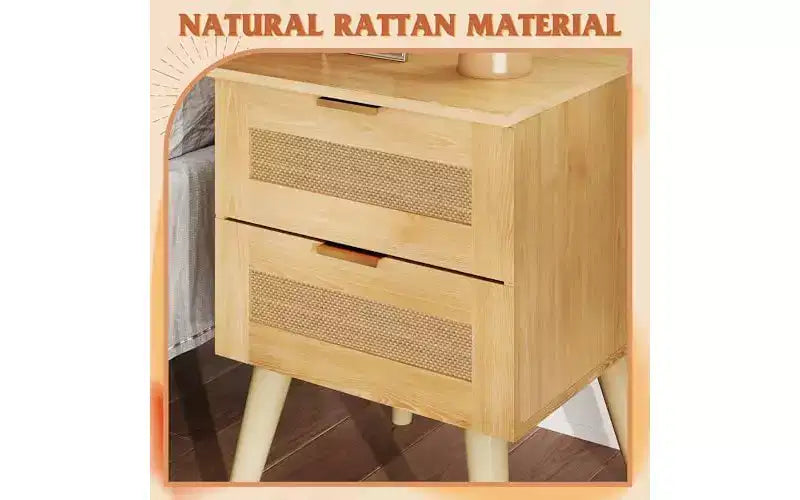 DEXYLLO Set di 2 comodini in legno, comodino in rattan con 2 cassetti, comodino bohémien con gambe solide, rovere naturale