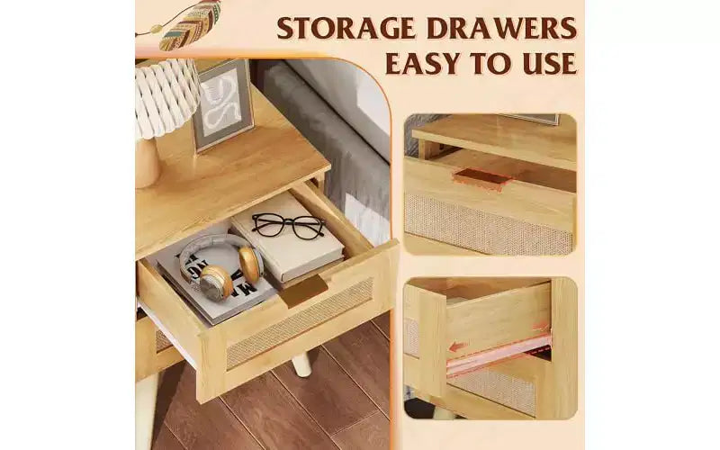 DEXYLLO Set di 2 comodini in legno, comodino in rattan con 2 cassetti, comodino bohémien con gambe solide, rovere naturale