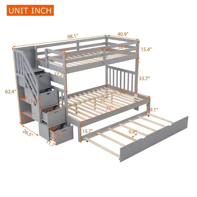 Letto a Castello Convertibile Luxystar a Due Piazze e Mezza con Scale Contenitore e Letto Estraibile