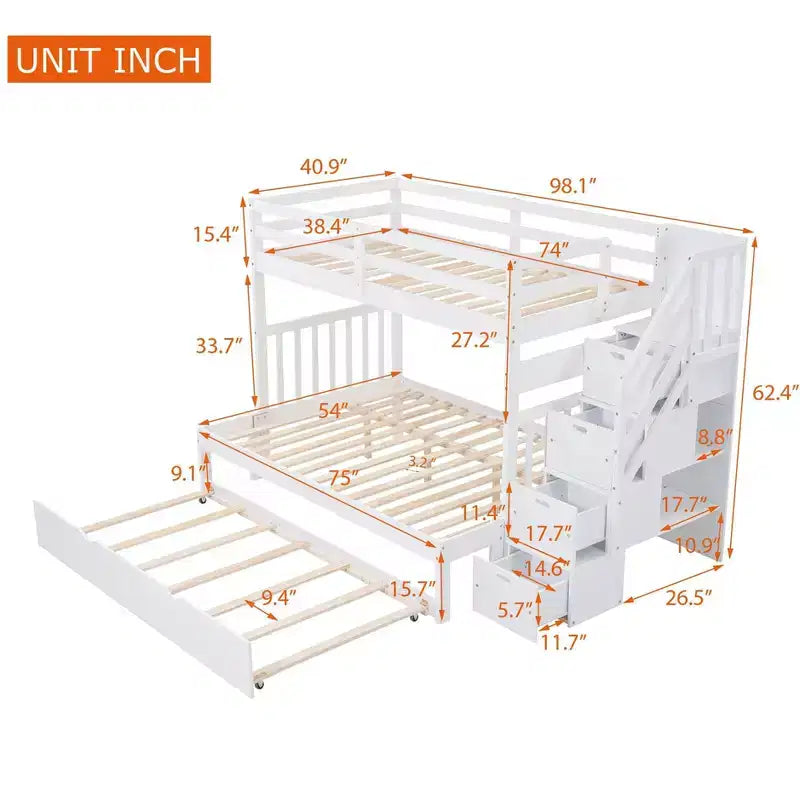 Letto a Castello Convertibile Luxystar a Due Piazze e Mezza con Scale Contenitore e Letto Estraibile