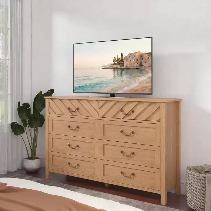 Cassettiera a 6 cassetti, mobile TV in legno con frontale a V, mobile multimediale moderno per soggiorno, appartamento e ingresso