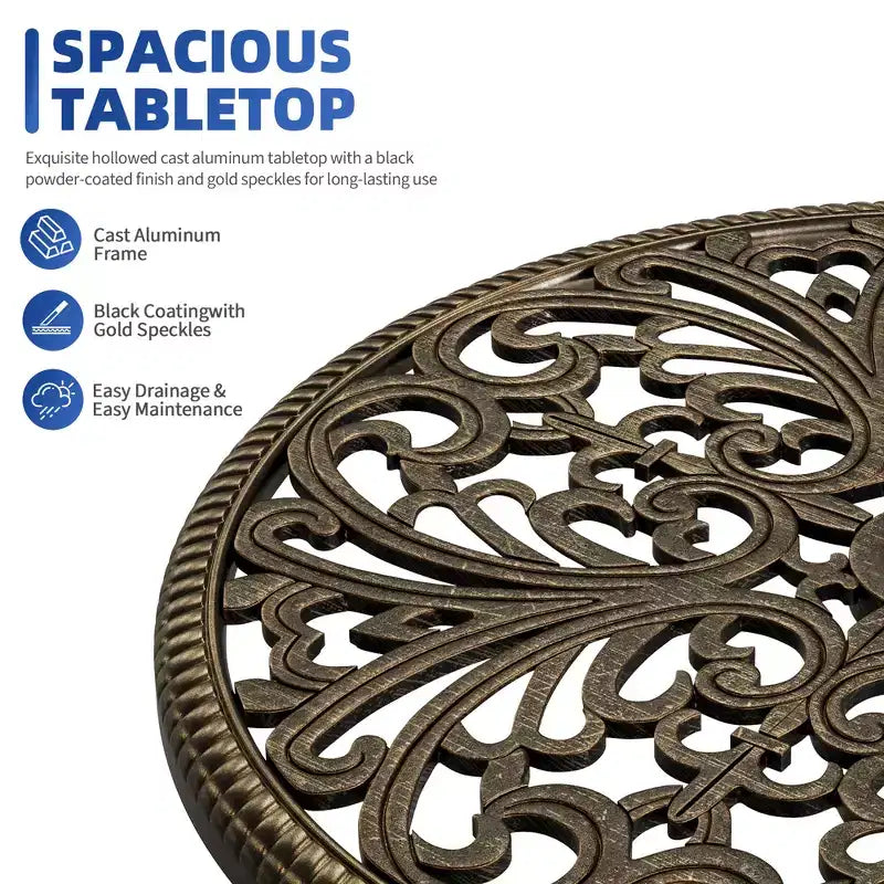 Tavolo da pranzo da esterno in alluminio pressofuso resistente alle intemperie, rotondo 23", con foro per ombrellone, design antico, facile montaggio