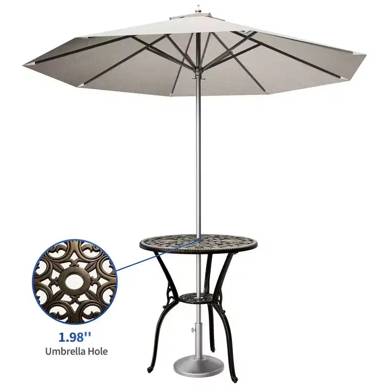 Tavolo da pranzo da esterno in alluminio pressofuso resistente alle intemperie, rotondo 23", con foro per ombrellone, design antico, facile montaggio