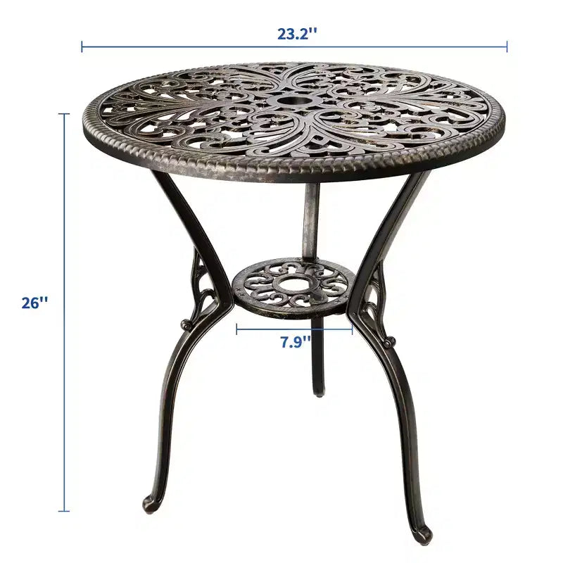 Tavolo da pranzo da esterno in alluminio pressofuso resistente alle intemperie, rotondo 23", con foro per ombrellone, design antico, facile montaggio