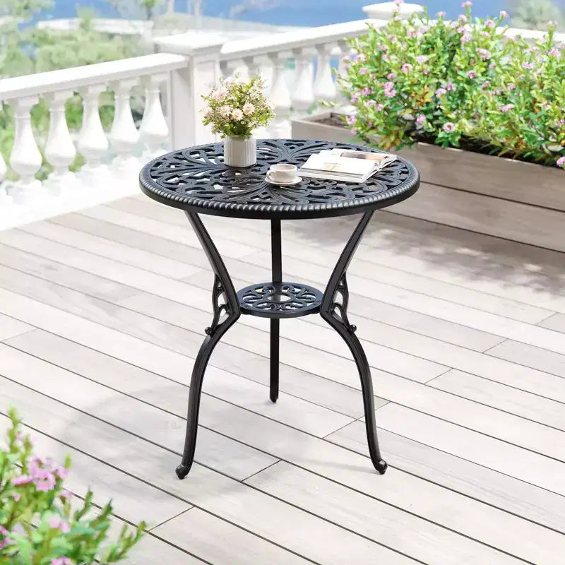 Tavolo da pranzo da esterno in alluminio pressofuso resistente alle intemperie, rotondo 23", con foro per ombrellone, design antico, facile montaggio