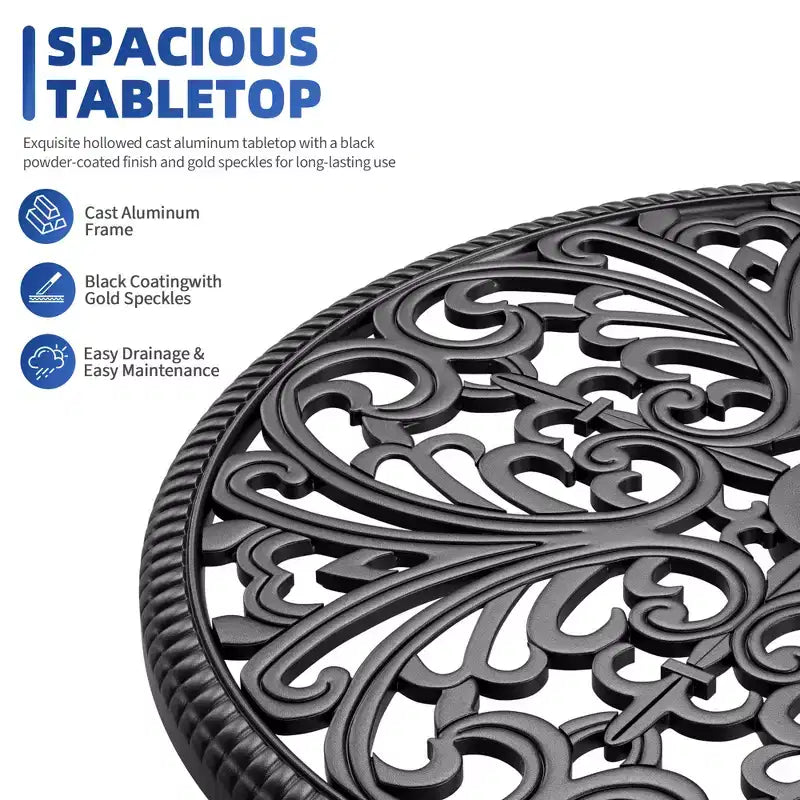 Tavolo da pranzo da esterno in alluminio pressofuso resistente alle intemperie, rotondo 23", con foro per ombrellone, design antico, facile montaggio