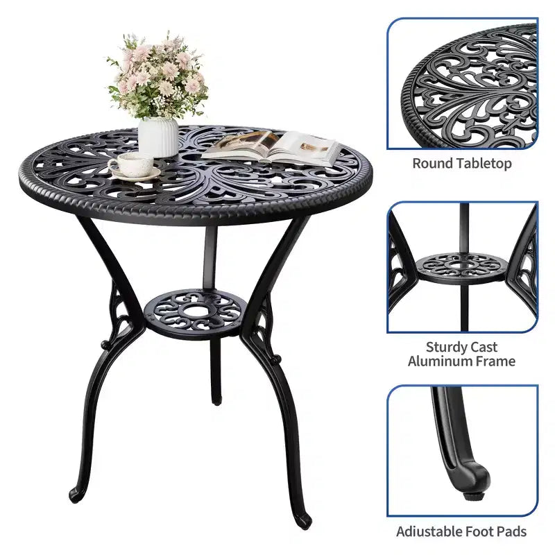 Tavolo da pranzo da esterno in alluminio pressofuso resistente alle intemperie, rotondo 23", con foro per ombrellone, design antico, facile montaggio