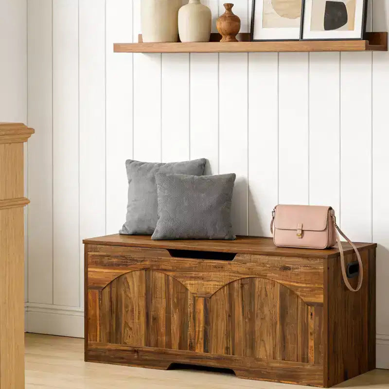 Panca Contenitore in Legno da 99,8 cm con Maniglia a U, Cerniera di Sicurezza, Supporta Fino a 136 kg e Facile Montaggio per Organizzare i Giocattoli