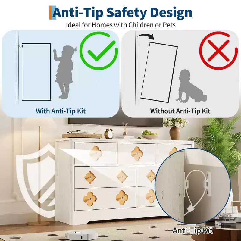 Comò da camera con 7 cassetti, cassettiera da 137 cm di larghezza con ampio armadio per vestiti, comò in legno per camera da letto, mobile TV da ingresso