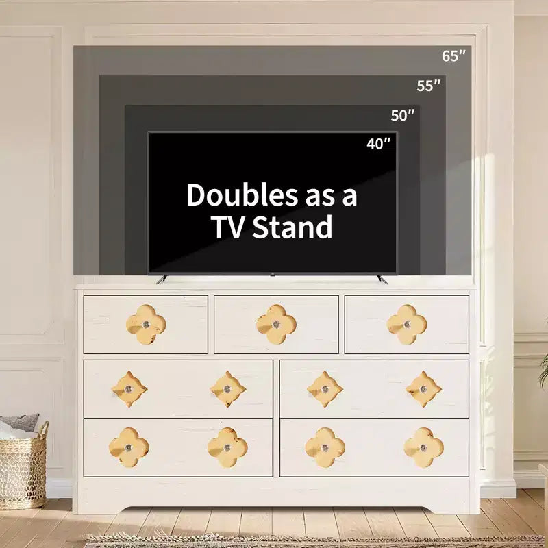 Comò da camera con 7 cassetti, cassettiera da 137 cm di larghezza con ampio armadio per vestiti, comò in legno per camera da letto, mobile TV da ingresso
