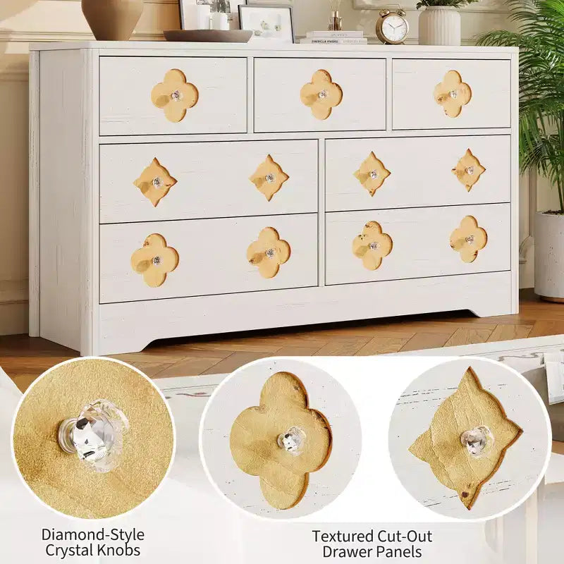 Comò da camera con 7 cassetti, cassettiera da 137 cm di larghezza con ampio armadio per vestiti, comò in legno per camera da letto, mobile TV da ingresso