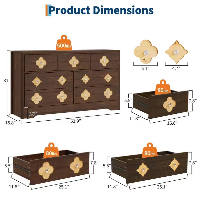 Comò da camera con 7 cassetti, cassettiera da 137 cm di larghezza con ampio armadio per vestiti, comò in legno per camera da letto, mobile TV da ingresso