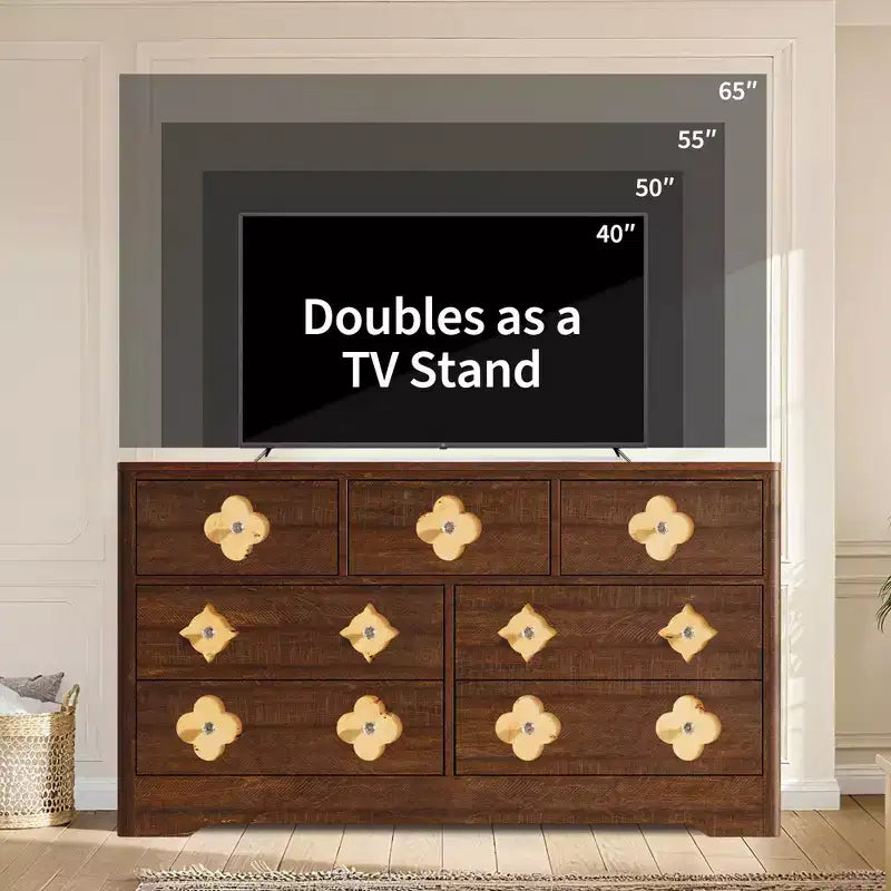 Comò da camera con 7 cassetti, cassettiera da 137 cm di larghezza con ampio armadio per vestiti, comò in legno per camera da letto, mobile TV da ingresso